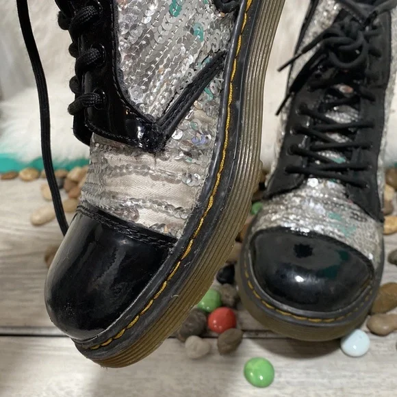 Dr. Martens Pooch Silver Sequins Combat Boots Side Zip - Picture 4 of 9